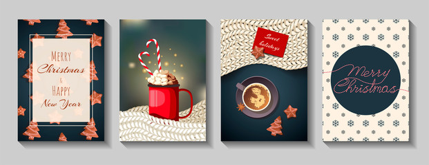 Set of card for Merry Christmas, Cozy, winter, Happy New year and holidays. Vector illustrations can be used for postcard, poster, banner, card, cover.