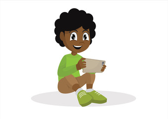 African Girl sitting on the floor with a tablet computer in hands.