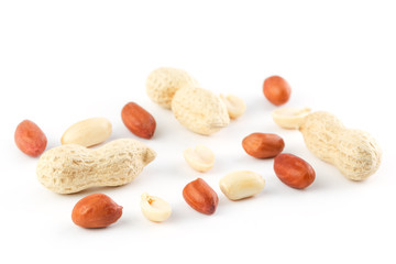 Peeled peanut and beans in shell isolated on white background