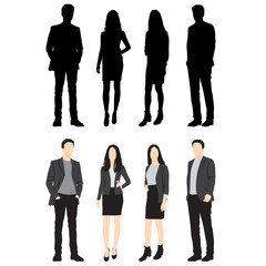 Silhouettes of men and women standing, cartoon character, group business people, vector illustration, flat designe icon, isolated on white background