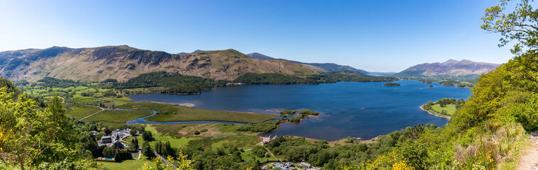 Panoramic View of Mountains, Forest and Lake in England's Lake District National Park