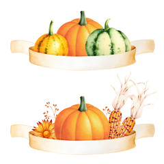 Autumn banners with colorful indian corns, pumpkins and chrysanthemum. Seasonal watercolor illustration.
