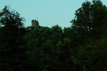 Castle emerging from green trees