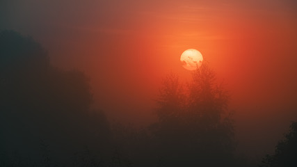 Dramatic sunrise with sun rising from the red mist
