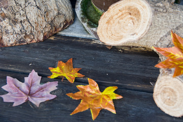 Yellow leaves on a bench in autumn close-up. Natural autumn backdrop