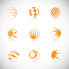 Globe Logo Set - Isolated On Gray Background - Vector Illustration. Abstract Globe Vector For Web Icon, Tech Logo And Element Design. 3D Orange Icons For Earth, Global, Globe, Planet And World Logo