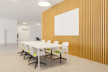 Wooden and white bright boardroom with poster