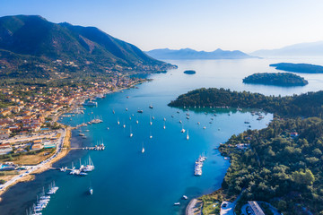 Aerial drone bird's eye view photo of iconic port of Nidri or Nydri, Leflkada island, Ionian, Greece