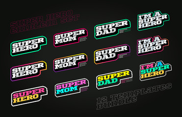 Retro style super hero sport logo set. Modern professional Typography super mom, dad emblem logotype. Design emblem for clothes, card, badge banner, stickers, print.