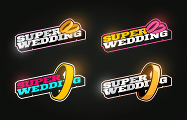 Retro style sport logo set. Modern professional Typography emblem with super wedding text and ring logotype. Design emblem for clothes, card, badge banner, stickers, print.