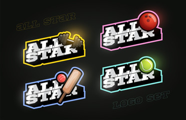 All star Retro style sport logo set. Modern professional Typography gym, bowling, cricket, tennis emblem text logotype. Design emblem for clothes, card, badge banner, stickers, print.
