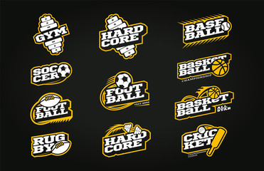 Retro style sport logo set. Modern professional Typography Soccer, Baseball, rugby, football, gym, basketball, cricket emblem logotype. Design emblem for clothes, card, badge banner, stickers, print.