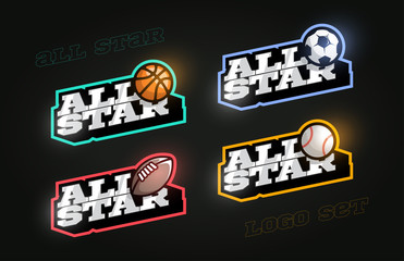 All star Retro style sport logo set. Modern professional Typography Basketball, Soccer, Football, rugby, baseball emblem text logotype. Design emblem for clothes, card, badge banner, stickers, print.