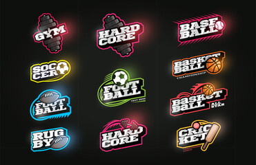 Retro style sport logo set. Modern professional Typography Soccer, Baseball, rugby, football, gym, basketball, cricket emblem logotype. Design emblem for clothes, card, badge banner, stickers, print.