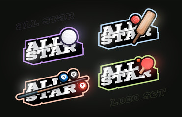 All star Retro style sport logo set. Modern professional Typography golf, cricket, billiard, ping pong emblem text logotype. Design emblem for clothes, card, badge banner, stickers, print.