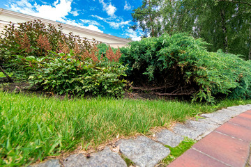 Landscaping of a lawn with green grass and bushes at the footpath with stone tiles and a border on a summer day with a blue sky.