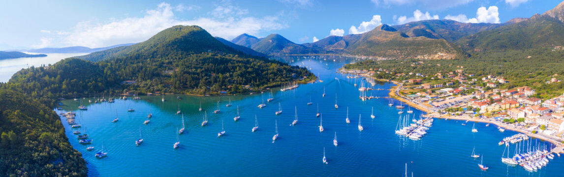 Aerial drone bird's eye view photo of iconic port of Nidri or Nydri, Leflkada island, Ionian, Greece