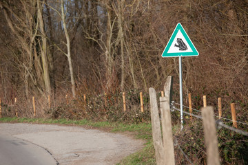 Am Waldrand steht ein Verkehrsschild " Krötenwanderung".