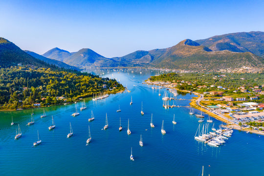 Aerial drone bird's eye view photo of iconic port of Nidri or Nydri, Leflkada island, Ionian, Greece