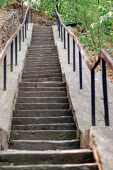 cement staircase goes up the slope in a green forest