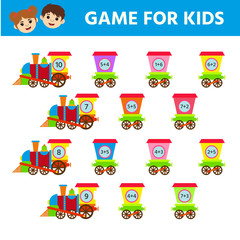 Education logic game for preschool kids. Kids activity sheet. Connect the wagons to the train. Children funny riddle entertainment. Vector illustration