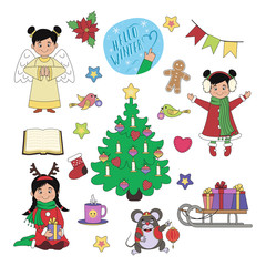 Cute girl, new year tree, angel, gifts, gingerbread man. Merry Christmas and Happy New Year cute symbols set, stickers, patches, badges, pins, prints for kids.