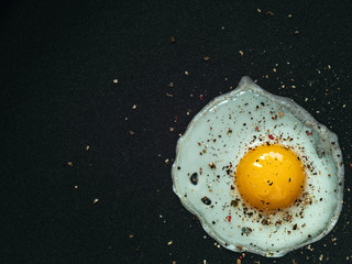 Fried egg. Close up view of the fried egg on a frying pan. Salted and spiced fried egg on cast iron...