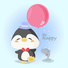 Happy Penguin Walking With Little Friend