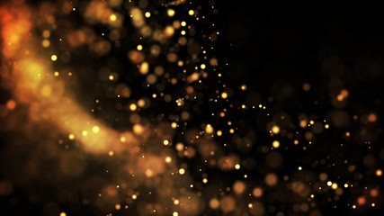 composition of gold particles with a depth of field 3d render