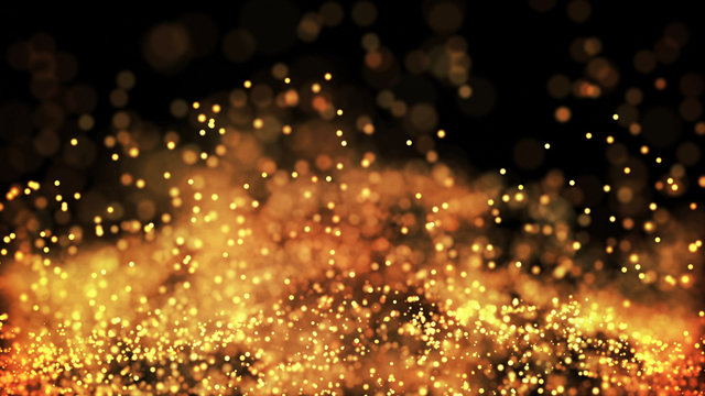 composition of gold particles with a depth of field 3d render