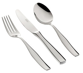 Silverware set containing three products, a knife, a fork and a spoon. Isolated on a white background, well lit, ready to be used in advertisements.