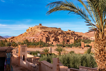 View from street on the fortified town of Ait ben Haddou near Ouarzazate on the edge of the sahara desert in Morocco. Atlas mountains