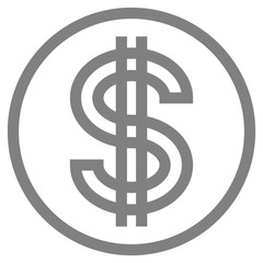 Dollar currency sign symbol - gray-silver-metal simple outline inside of circle, isolated - vector