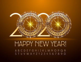 Vector luxury greeting card Happy New Year 2020 with brilliant decoration. Golden elegant Alphabet. Shiny chic Font