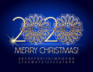 Vector stylish Greeting Card Merry Christmas 2020 with chic Snowflakes. Golden Alphabet Letters and Numbers.  Slim Elegant Font.