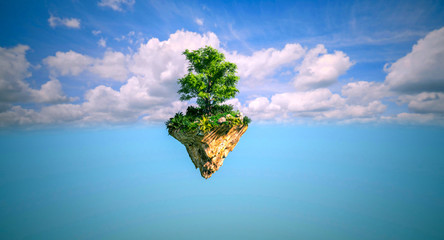 Forest trees in the island floating in the blue sky with clouds