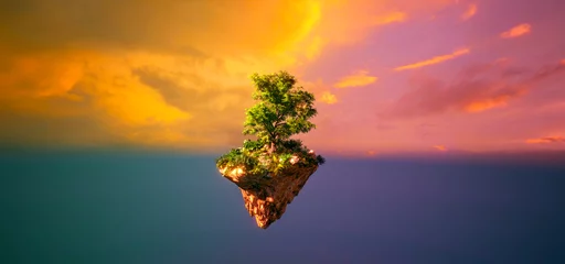 Foto op Canvas Fantasy floating island with forest isolated sunset sky view 3D illustration © LAYHONG