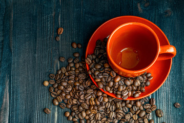 EMPTY mockup Red coffee cup on wooden desk - coffee mood
