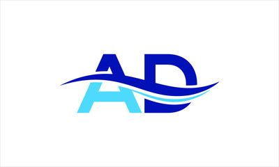 initial letter logo AD with a wave, Letter logo AD company name blue and cyan color. AD letter logo with ocean waves, A and D Swoosh Initial Logo Letters.