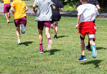Fototapeta premium Rear view of young boys running in a cross country race on grass