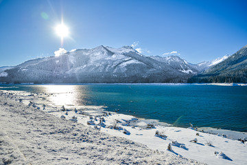 Cascade Mountain By Keechenus Lake And The Surrounding field is covered With Ice Cold White Snow, Snoqualmie Pass, Washington, United States.
