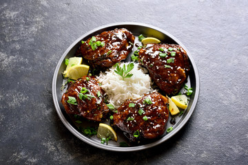 Sweet and spicy honey grilled chicken thighs with rice