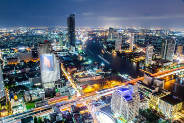 aerial night view of Bangkok City skyscrapers Thailand