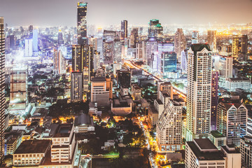 aerial night view of Bangkok City skyscrapers Thailand