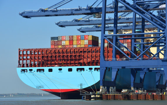 Large Container Ship being loaded at Felixstowe Port.