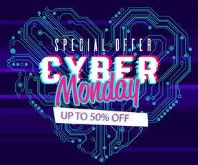 Cyber Monday background with glitch effect. Promo sale horizontal banner design. Abstract vector illustration with geometric shape. virtual shopping cart neon colors background, can be used for advert