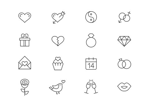 Love, wedding. St. Valentine's Day thin line vector icons. Editable stroke