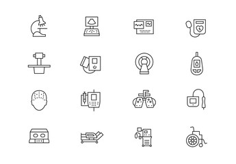 Medical equipment thin line vector icons. Editable stroke
