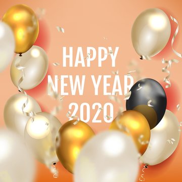 Happy new year 2020. Hanging white paper number with balloons and confetti