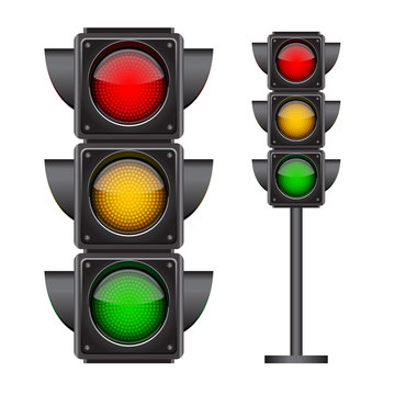 Traffic lights with all three colors on.